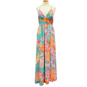 FLYING TOMATO TEAL FLORAL PRINT MAXI DRESS RESORT WEAR BEACH VACATION HAWAIIAN